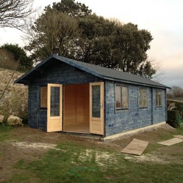 Blue log cabin