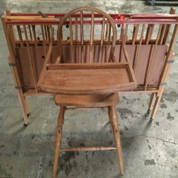 Vintage wood baby bed & high chair