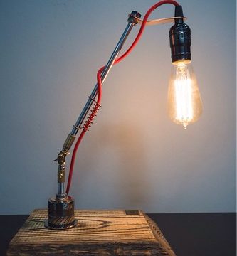 Hand made table lamp designed out of wood, metal and auto parts with Edison bulb! https://www.etsy.com/shop/PrideAndJoyWorkshop