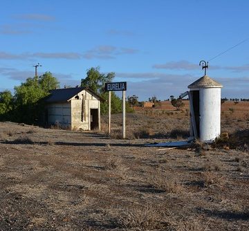 Eurelia railway relics, siding shed, sign, and telecommunication box. Flinders Ranges South Australia