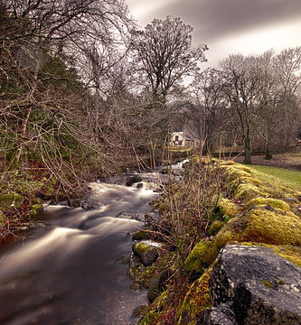 charming house by the burn. Fortingall, Glen Lyon, Perthshire, Perth & Kinross, Scotland.  Moody long exposure landscape.