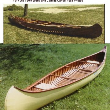 1917 Wood and Canvas  Old Town Canoe  - as purchased in 1984 -  Restored 1984.