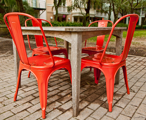 Wooden Table, Red Chairs
