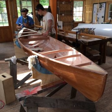 IMG_5959 - Port Hadlock WA - Northwest School of Wooden Boatbuilding - Contemporary -  Wee Lassie canoe - decks under construction - instructor Bruce Blatchley (L), student Erick Kay