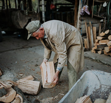 Old man arranging cut firewood in a wheelbarrow.