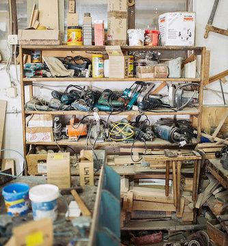 Tools on the shelves in a workshop