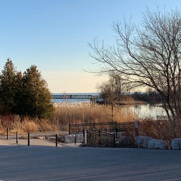 A view at trees and Duffins Creek bridge , looking over the Canoe Launch , Duffins Marsh and Duffins Creek in the background in Rotary Park , Martin’s photographs , Ajax , Ontario , Canada , March 27. 2020