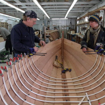 GEDC7687 - Northwest School of Wooden Boatbuilding - Traditional Small Craft - 9-foot Grandy skiff - lining out frame locations - students Russell Bates (L) and Caro Clark