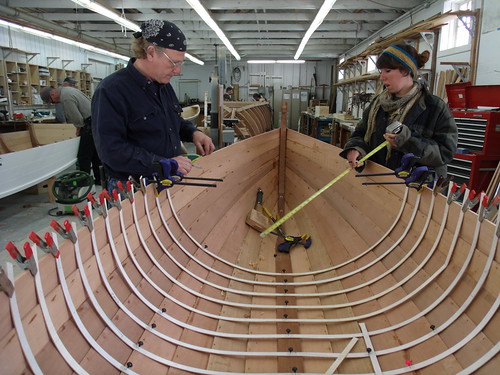 GEDC7688 - Northwest School of Wooden Boatbuilding - Traditional Small Craft - 9-foot Grandy skiff - lining out frame locations - student Russell Bates (L) and Caro Clark