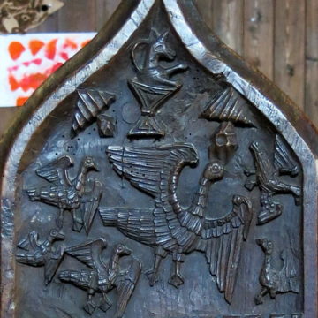 A fox preaches to geese: A 14th C. oak bench end, The Church of St Peter and St Paul, Osbournby, Lincolnshire, England