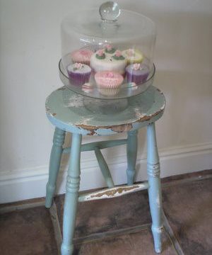Wooden stool....cupcakes in a cloche..