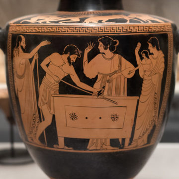 Athenian Red Figure hydria depicting the construction of the chest for the exile of Danae and Perseus