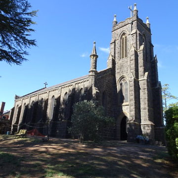Kyneton. Church and tower of St Pauls Anglican Church. Built in local basalt bluestone in 1857.